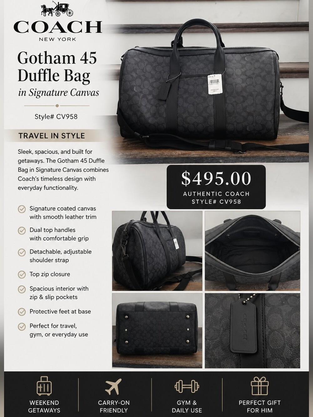 NWT! COACH Gotham 45 Signature Canvas Duffle Bag in Black #CV958